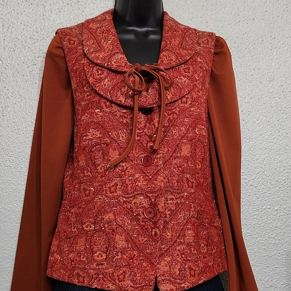 Karl Lagerfeld Tapestry Vintage Vest Double Flap Collar Wool/Silk Button Up Rust - Picture 5 of 12